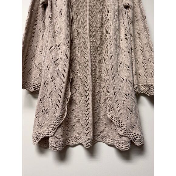 CHICO'S Pointelle Knit Open Front Long-Line Cardigan Sweater, Tan, Sz 2 (L) - Picture 3 of 6